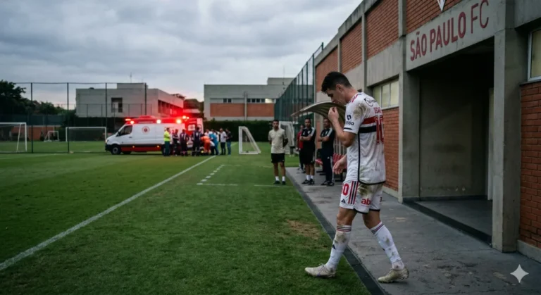 O jogador Oscar vestindo a camisa do São Paulo FC, com o semblante exausto e de cabeça baixa
