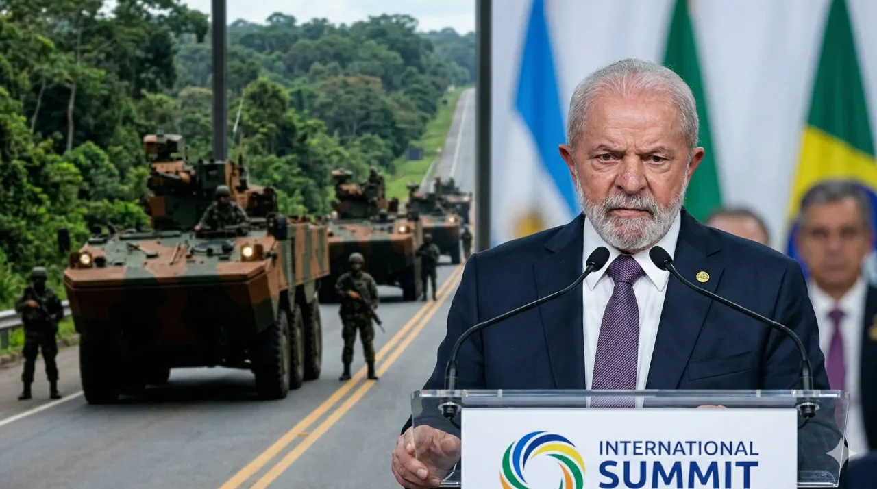 O presidente Lula com uma expressão muito séria e tensa, discursando em um púlpito oficial de cúpula internacional