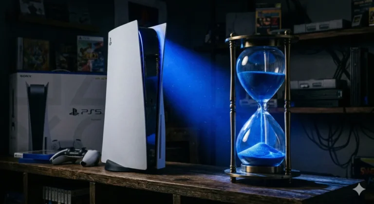 Um console PlayStation 5 branco iluminado por um feixe de luz azul dramático em um quarto escuro