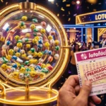 Um globo de sorteio de loteria transparente e iluminado por luzes de neon douradas