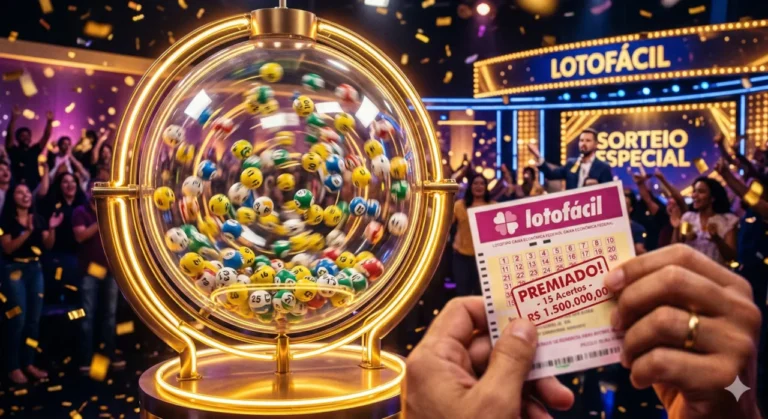 Um globo de sorteio de loteria transparente e iluminado por luzes de neon douradas