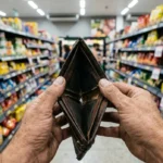 Uma visão em primeira pessoa de mãos segurando uma carteira de couro desgastada e completamente vazia