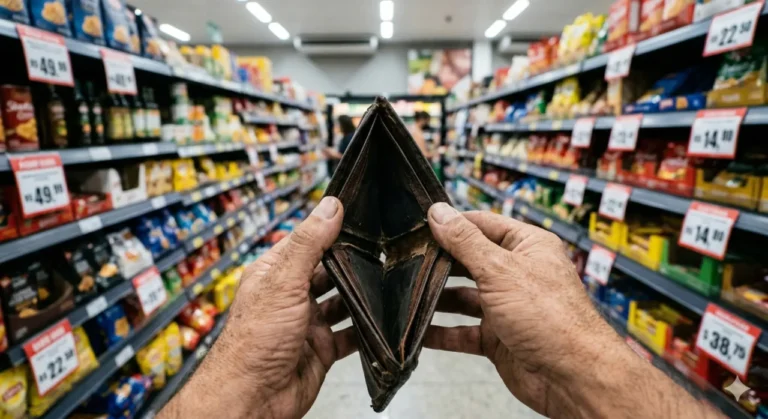 Uma visão em primeira pessoa de mãos segurando uma carteira de couro desgastada e completamente vazia