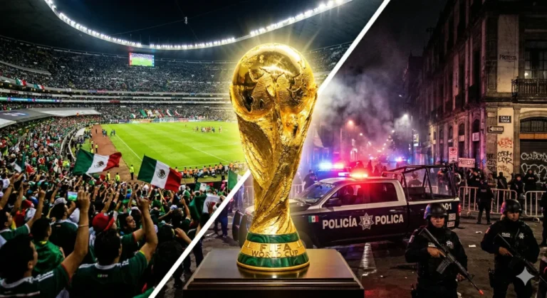 A taça de ouro da Copa do Mundo da FIFA brilhando no centro da imagem