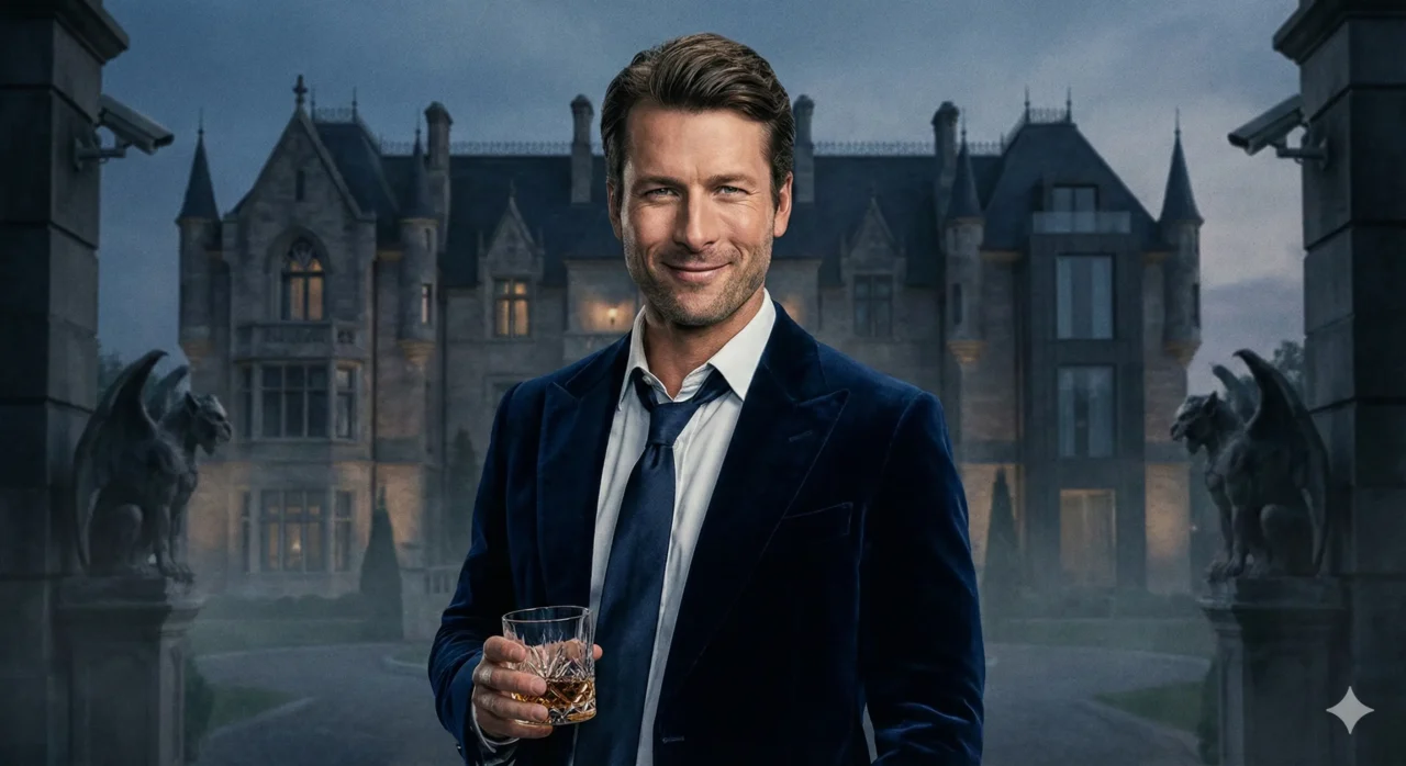 O ator Glen Powell vestindo um terno