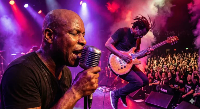 O vocalista Corey Glover cantando com intensidade em um microfone vintage, enquanto o guitarrista Vernon Reid toca um solo explosivo ao lado dele.