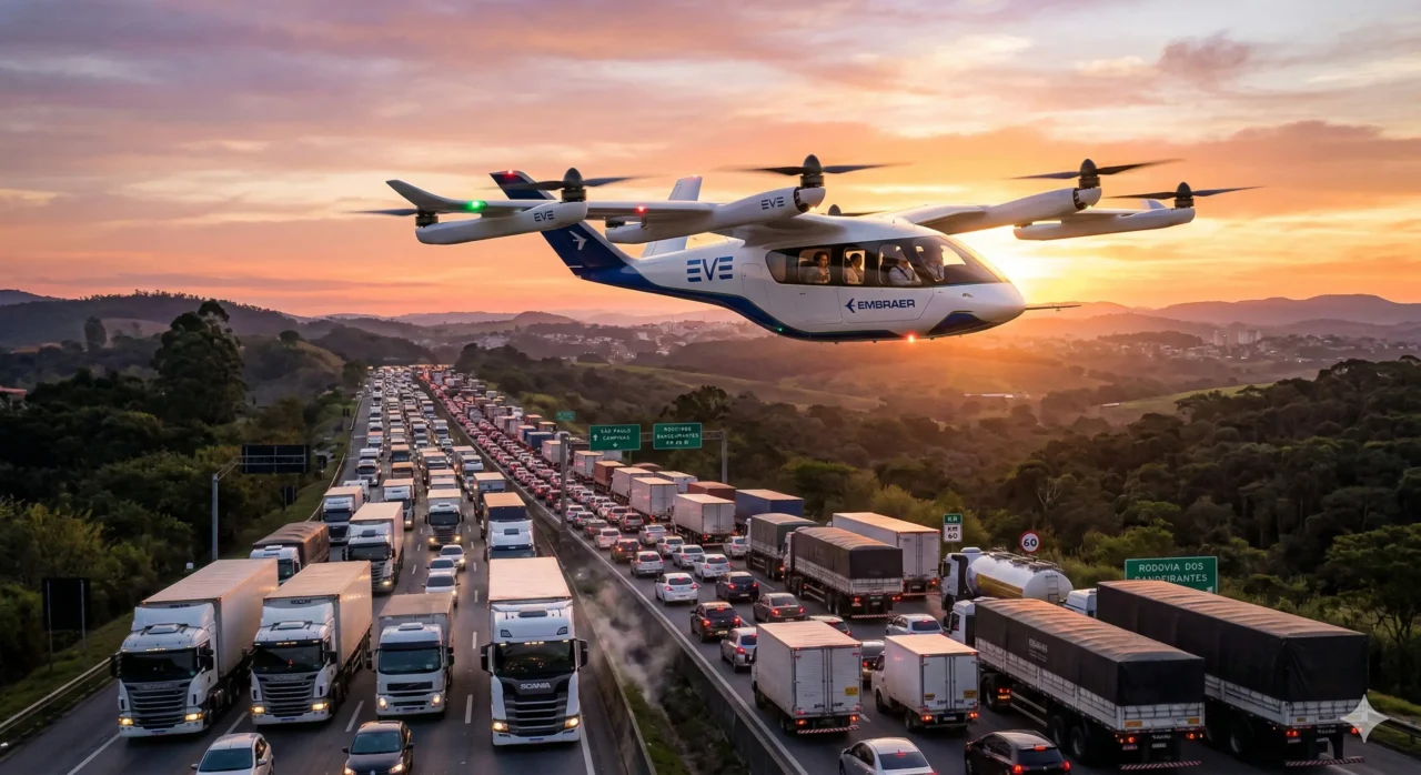 Um futurista carro voador elétrico (eVTOL) com o logotipo da EmbraerEve