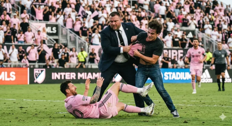 Um jogador de futebol vestindo a camisa rosa do Inter Miami caído de costas no gramado
