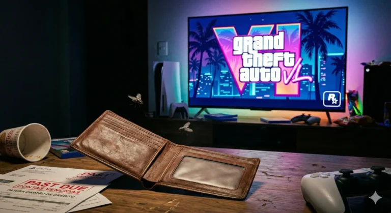 Uma carteira de couro aberta e completamente vazia, com uma mosca voando ao redor