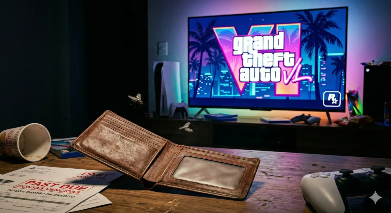 Uma carteira de couro aberta e completamente vazia, com uma mosca voando ao redor