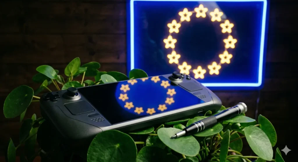 A bandeira da União Europeia em neon azul e amarelo refletindo na tela escura de um console portátil elegante. Uma pequena chave de fenda repousa ao lado do aparelho sobre uma planta verde, ilustrando a pressão por leis de sustentabilidade.