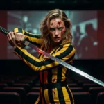 A personagem A Noiva (Uma Thurman) vestida com o seu clássico macacão amarelo com listras pretas.