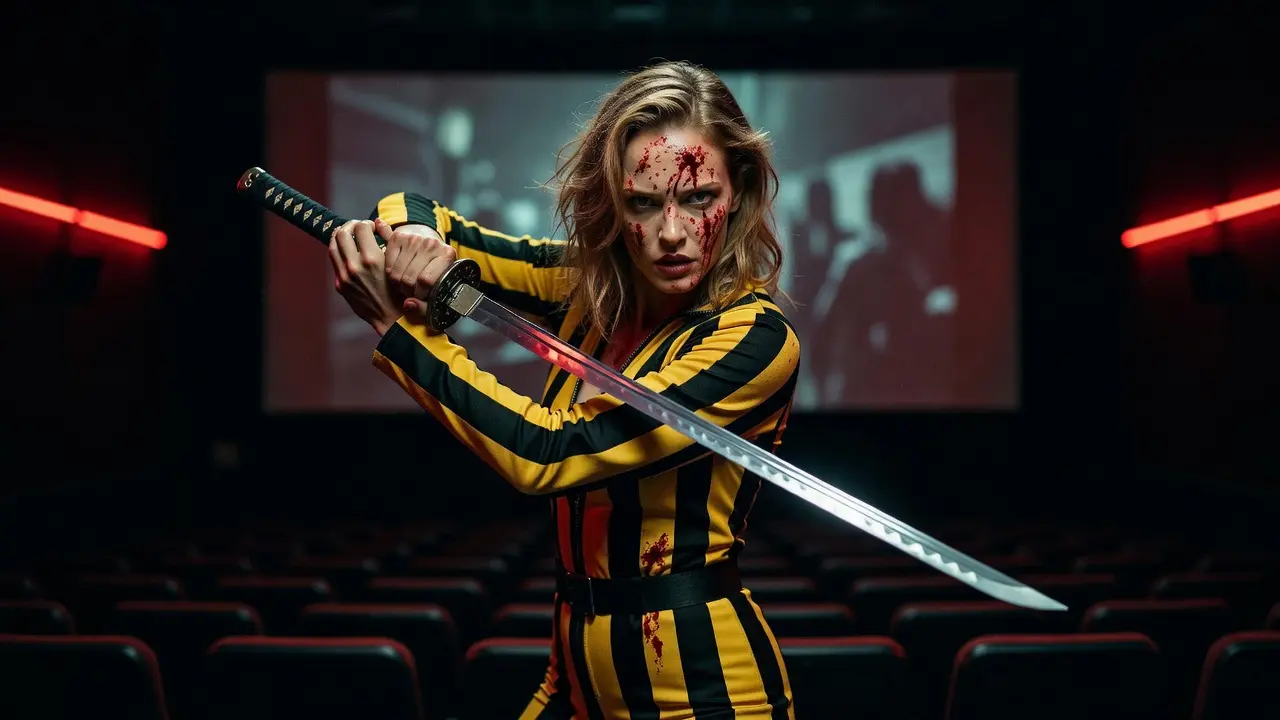 A personagem A Noiva (Uma Thurman) vestida com o seu clássico macacão amarelo com listras pretas.