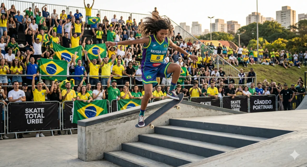 A skatista Rayssa Leal voando em uma manobra de flip sobre uma escadaria, vestindo um uniforme vibrante