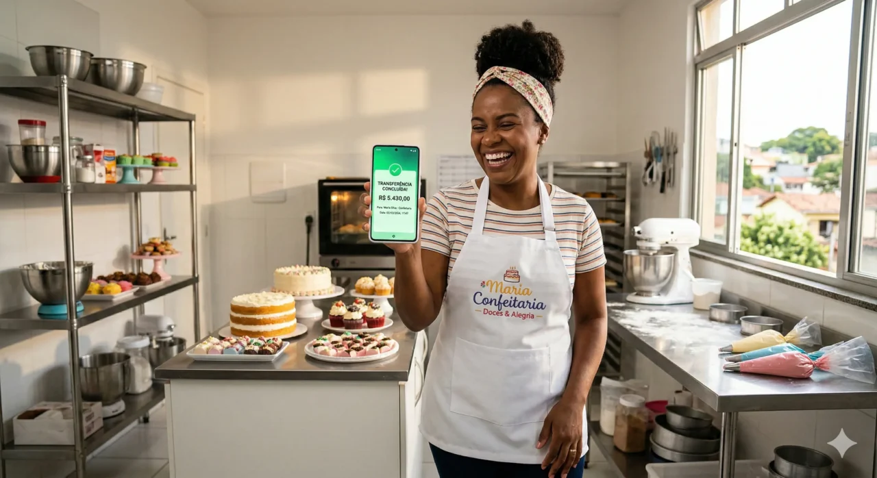 Uma mulher sorridente e empoderada, vestindo um avental de confeiteira