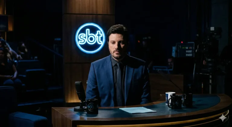 O apresentador Danilo Gentili vestindo o seu clássico terno azul escuro, sentado na bancada do The Noite