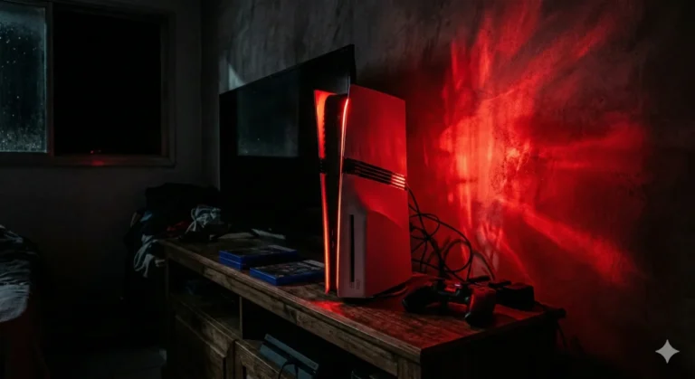 Um console PlayStation 5 Pro em um quarto escuro. O aparelho emite uma forte luz de LED vermelho piscando nas laterais