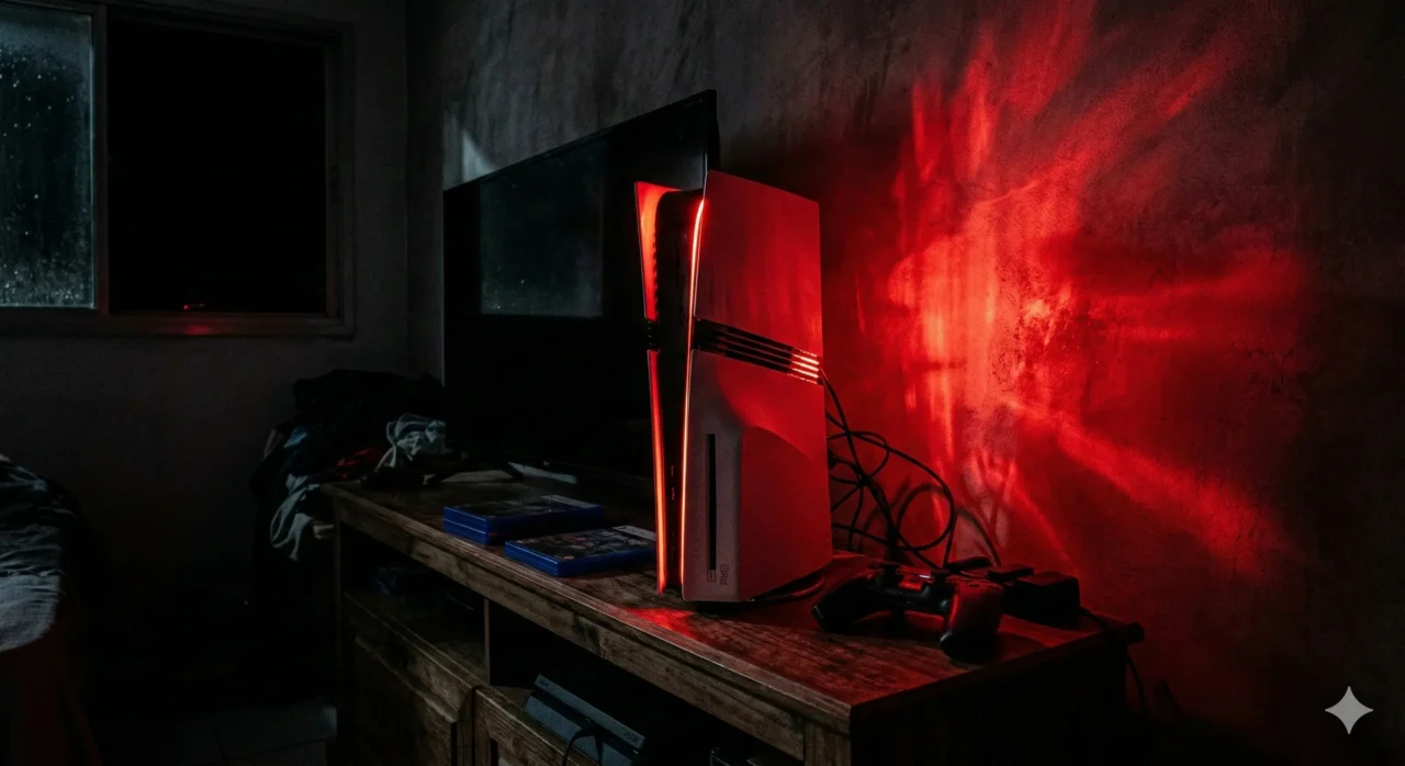 Um console PlayStation 5 Pro em um quarto escuro. O aparelho emite uma forte luz de LED vermelho piscando nas laterais