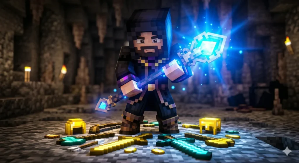 Um foco bem próximo em um personagem de Minecraft usando um capuz de mago escuro. Ele segura um cajado mágico que emite uma forte luz azul. Ao redor dos pés dele, armas de ouro e diamante recém-caídas de monstros brilham no chão de pedra.