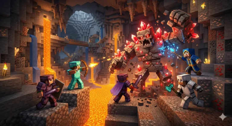 Uma caverna subterrânea épica feita de blocos quadrados e iluminada por lava incandescente. Quatro heróis diversificados de Minecraft enfrentam um monstro de pedra gigante coberto de cristais vermelhos brilhantes. O clima transmite aventura cooperativa e muita ação épica.