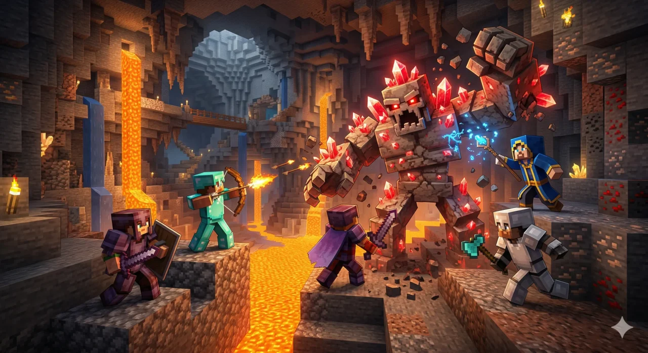 Uma caverna subterrânea épica feita de blocos quadrados e iluminada por lava incandescente. Quatro heróis diversificados de Minecraft enfrentam um monstro de pedra gigante coberto de cristais vermelhos brilhantes. O clima transmite aventura cooperativa e muita ação épica.