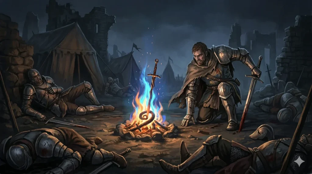 Uma fogueira mística ardendo em um acampamento medieval sombrio. Diversos guerreiros inimigos caídos estão ao redor, mas um único sobrevivente se levanta com determinação. O clima transmite resiliência e a essência de superação do gênero Soulslike.