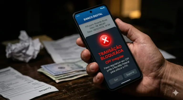 Uma mão segurando um smartphone moderno. A tela do celular