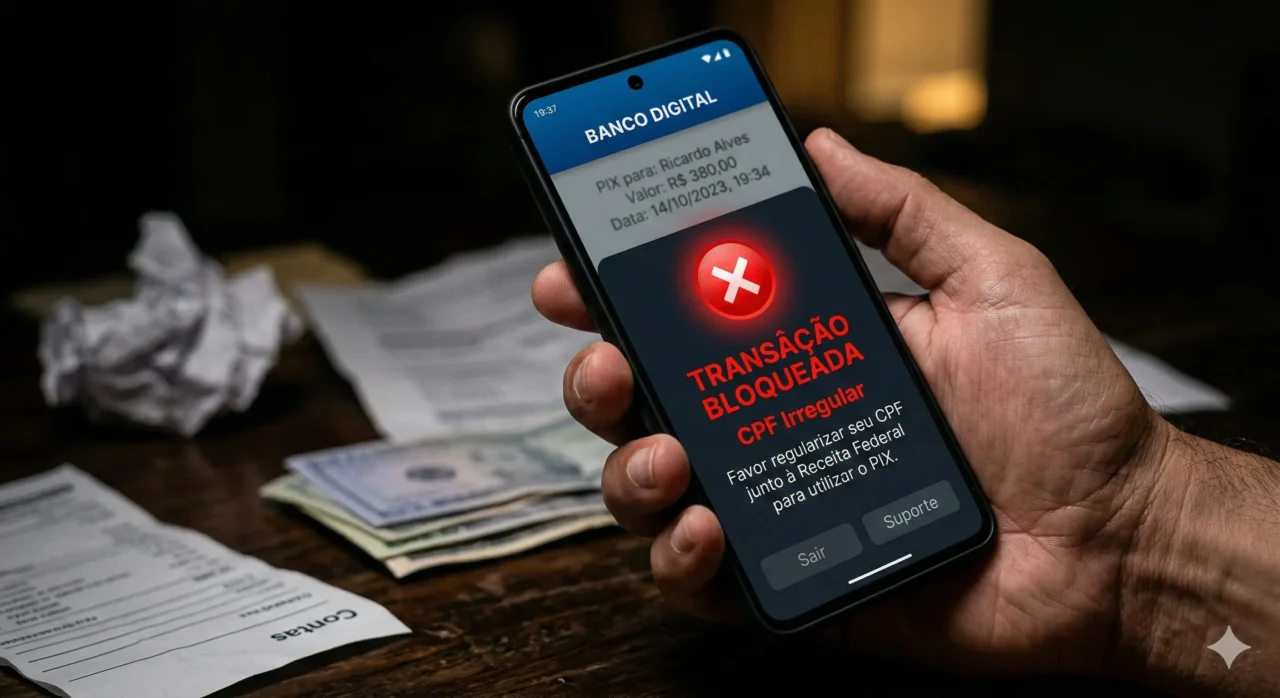 Uma mão segurando um smartphone moderno. A tela do celular