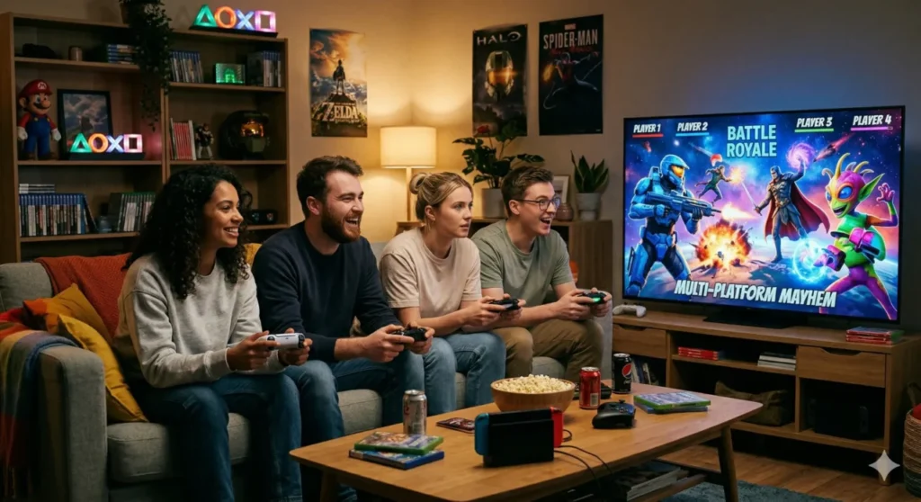 Uma sala de estar aconchegante com quatro amigos sentados juntos no sofá. Cada um deles segura um controle de videogame diferente (PlayStation, Xbox e Nintendo). A tela grande da televisão a frente deles reflete uma batalha caótica e colorida, simbolizando a união das plataformas. Eles devem estra olhando para a tela grande da televisão.