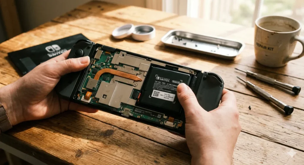 Uma visão aproximada de mãos segurando a carcaça traseira aberta de um novo Nintendo Switch. Uma bateria retangular novinha está sendo encaixada perfeitamente no espaço vazio com um simples clique. O cenário mostra uma mesa de madeira iluminada pelo sol da manhã, transmitindo praticidade e facilidade de reparo doméstico.