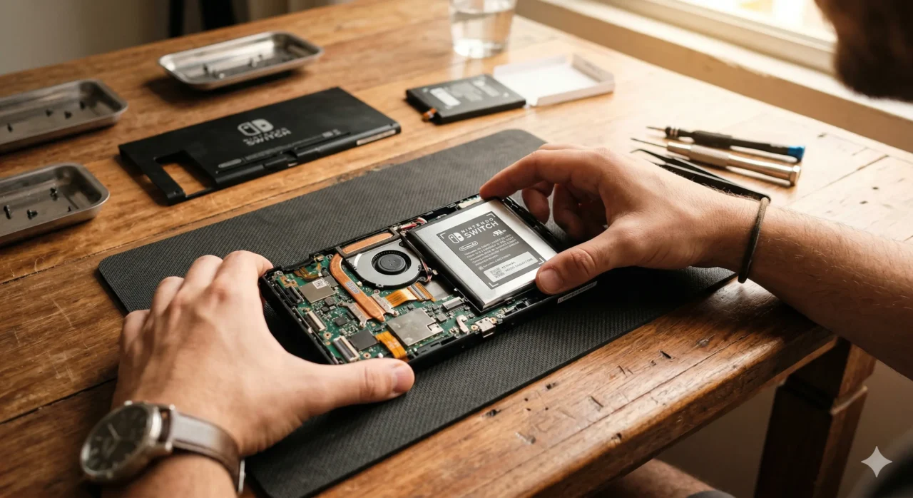 Uma visão aproximada de mãos segurando a carcaça traseira aberta de um novo Nintendo Switch. Uma bateria retangular novinha está sendo encaixada perfeitamente no espaço vazio com um simples clique. O cenário mostra uma mesa de madeira iluminada pelo sol da manhã, transmitindo praticidade e facilidade de reparo doméstico.