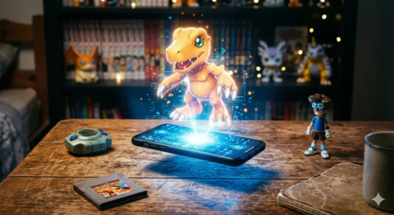 Um smartphone moderno flutuando levemente sobre uma mesa de madeira. A tela do aparelho emite uma luz digital azulada muito forte. O clássico dinossauro laranja Agumon está materializado em holograma saindo diretamente da tela do celular. O clima transmite nostalgia pura e tecnologia avançada.