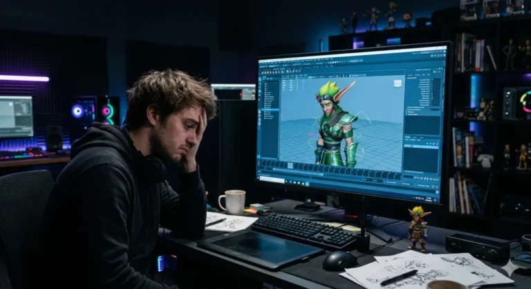 animador-triste-olhando-computador-estudio-sanzaru