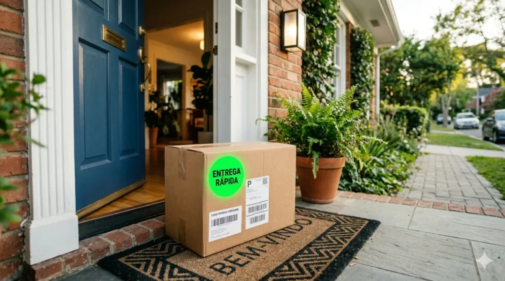 Uma caixa de entrega parda de comércio eletrônico repousando no tapete da porta de entrada de uma casa. O pacote exibe um adesivo verde brilhante de "Entrega Rápida". A atmosfera transmite alívio, segurança e a sensação de ter feito um excelente negócio antes do caos estourar no mercado.