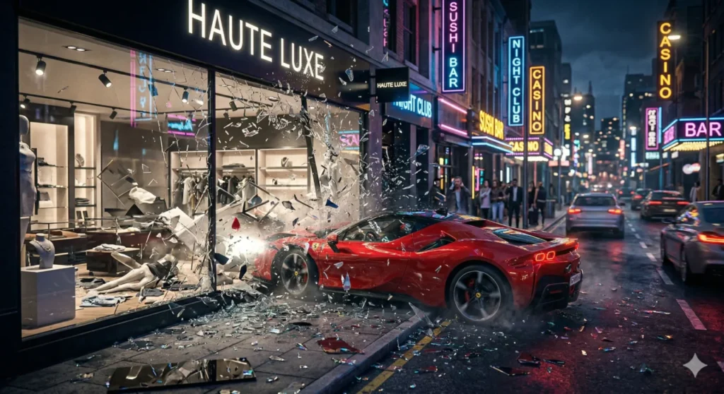 Um carro esportivo vermelho de luxo atravessando a vitrine de uma loja chique em alta velocidade. Milhares de cacos de vidro brilham refletindo as luzes neon da rua noturna. A cena transmite caos urbano, ação desenfreada e um realismo físico impressionante.
