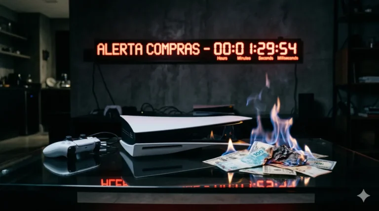 A visão dramática de um moderno console de videogame branco Playstation 5 descansando em uma mesa de vidro escura. Ao lado do aparelho, algumas notas de dinheiro pegam fogo com uma chama azul suave. Um relógio digital exibe uma contagem regressiva vermelha brilhante no fundo. A imagem desperta forte urgência financeira e atenção do comprador.