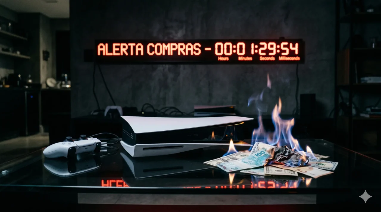A visão dramática de um moderno console de videogame branco Playstation 5 descansando em uma mesa de vidro escura. Ao lado do aparelho, algumas notas de dinheiro pegam fogo com uma chama azul suave. Um relógio digital exibe uma contagem regressiva vermelha brilhante no fundo. A imagem desperta forte urgência financeira e atenção do comprador.