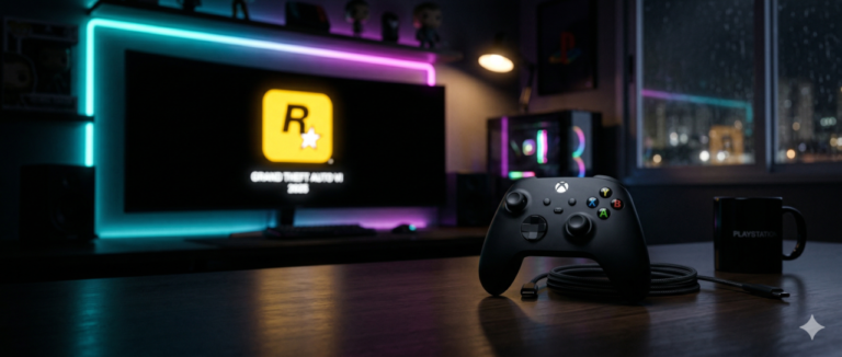 controle-videogame-escuro-logo-rockstar-fundo-luz-neon