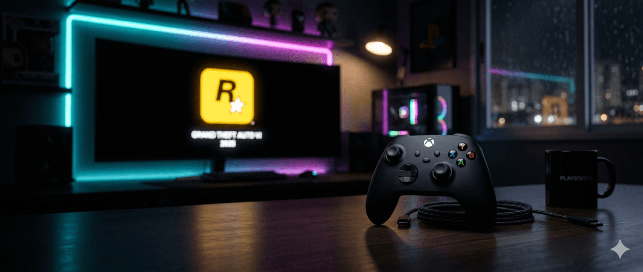 controle-videogame-escuro-logo-rockstar-fundo-luz-neon