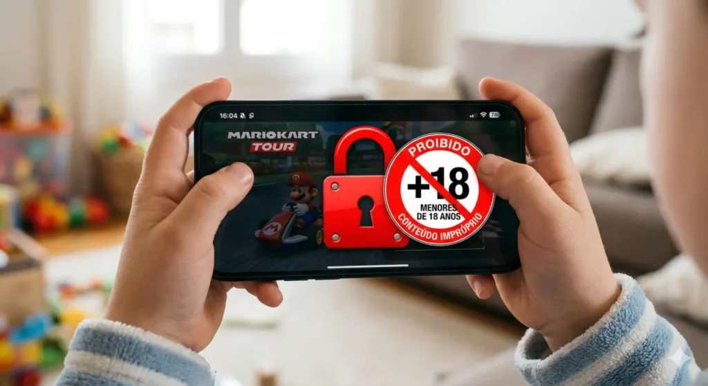 As mãos pequenas de uma criança segurando um smartphone moderno. A tela do aparelho mostra o jogo Mario Kart paralisado por um grande cadeado digital vermelho cruzado com o selo oficial de proibido para menores de dezoito anos.