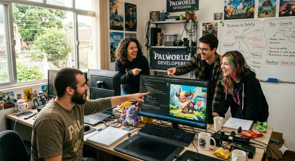 Um pequeno grupo de desenvolvedores jovens em um escritório bagunçado e cheio de luz natural. Eles estão rindo e apontando para um monitor que exibe códigos e artes de monstros. O clima transmite a simplicidade e o foco de um estúdio independente.