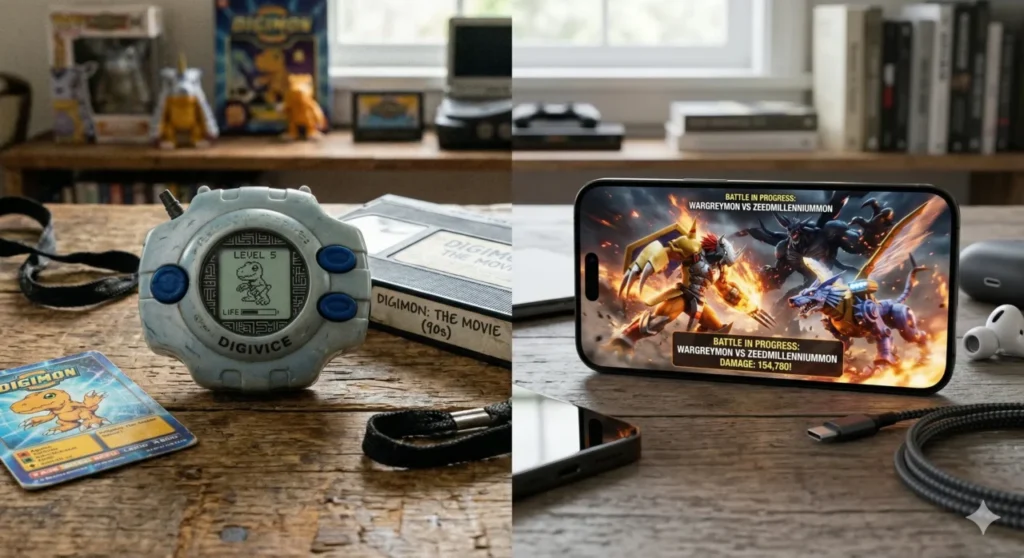 Um contraste perfeito entre o passado e o futuro. De um lado, um Digivice de plástico antigo dos anos 90 repousa sobre a mesa. Do outro lado, um smartphone de última geração exibe gráficos 3D absurdos de uma batalha épica de monstros.