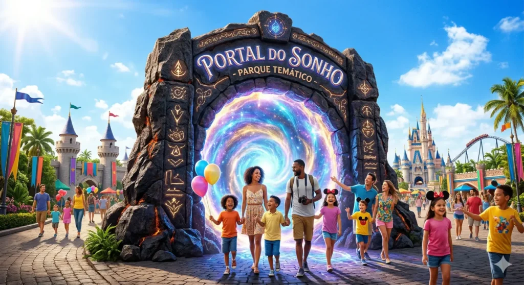 Um grande portal de pedra escura com a textura de obsidiana formando a entrada do parque de diversões. Famílias animadas atravessam o portão brilhante sob um céu azul ensolarado. O clima transmite magia, aventura real e a materialização de um sonho infantil.