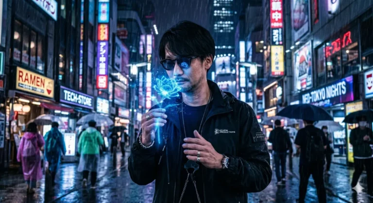 hideo-kojima-oculos-escuros-cheirando-flor-holografica-azul