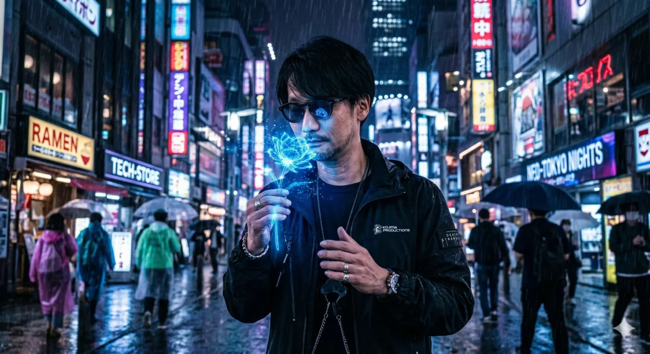 hideo-kojima-oculos-escuros-cheirando-flor-holografica-azul