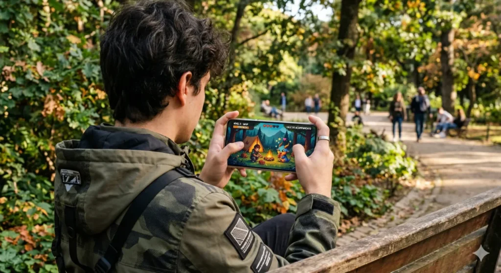 A visão sobre o ombro de um jovem usando um casaco estiloso em um parque arborizado. Ele segura o celular com as duas mãos. A tela do jogo mostra um acampamento virtual aconchegante, onde ele alimenta um pequeno monstro com pedaços de carne digital.