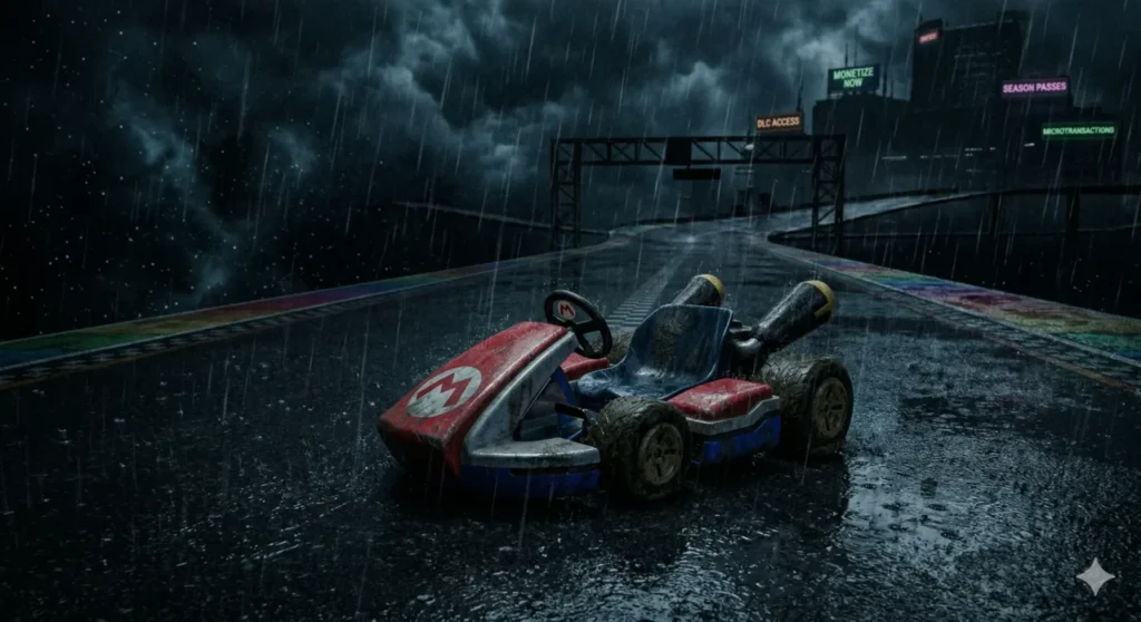 O kart clássico e colorido do Mario abandonado e desligado no meio da pista de corrida Rainbow Road. Está chovendo forte e as luzes da pista estão apagadas. A imagem ilustra metaforicamente o fim da inocência dos jogos infantis no mercado comercial atual.