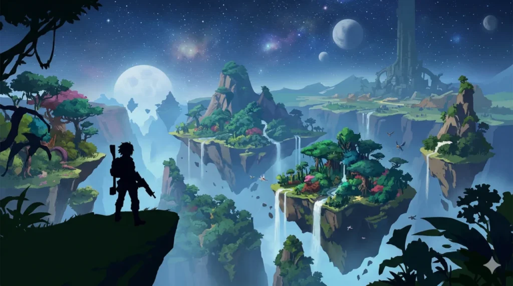 Um horizonte vasto e inexplorado com montanhas flutuantes e florestas exóticas sob um céu estrelado. Uma silhueta de um jogador observa a imensidão, simbolizando que o jogo ainda tem muito conteúdo para crescer e revelar.