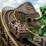 Uma montanha-russa gigante feita de trilhos de ferro e dormentes de madeira clássicos do jogo. Um carrinho de mina cheio de visitantes sorridentes desce em alta velocidade. Um boneco robótico gigante de um Creeper verde assusta os passageiros ao lado dos trilhos.