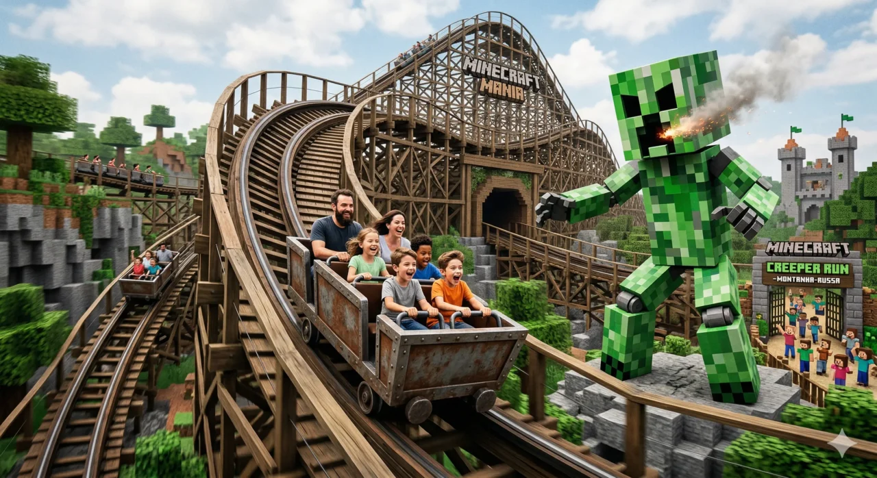 Uma montanha-russa gigante feita de trilhos de ferro e dormentes de madeira clássicos do jogo. Um carrinho de mina cheio de visitantes sorridentes desce em alta velocidade. Um boneco robótico gigante de um Creeper verde assusta os passageiros ao lado dos trilhos.